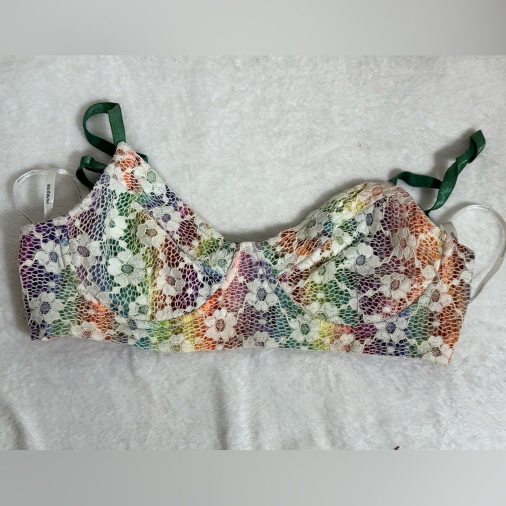 New MinkPink crocheted lace rave tye dye bra top s